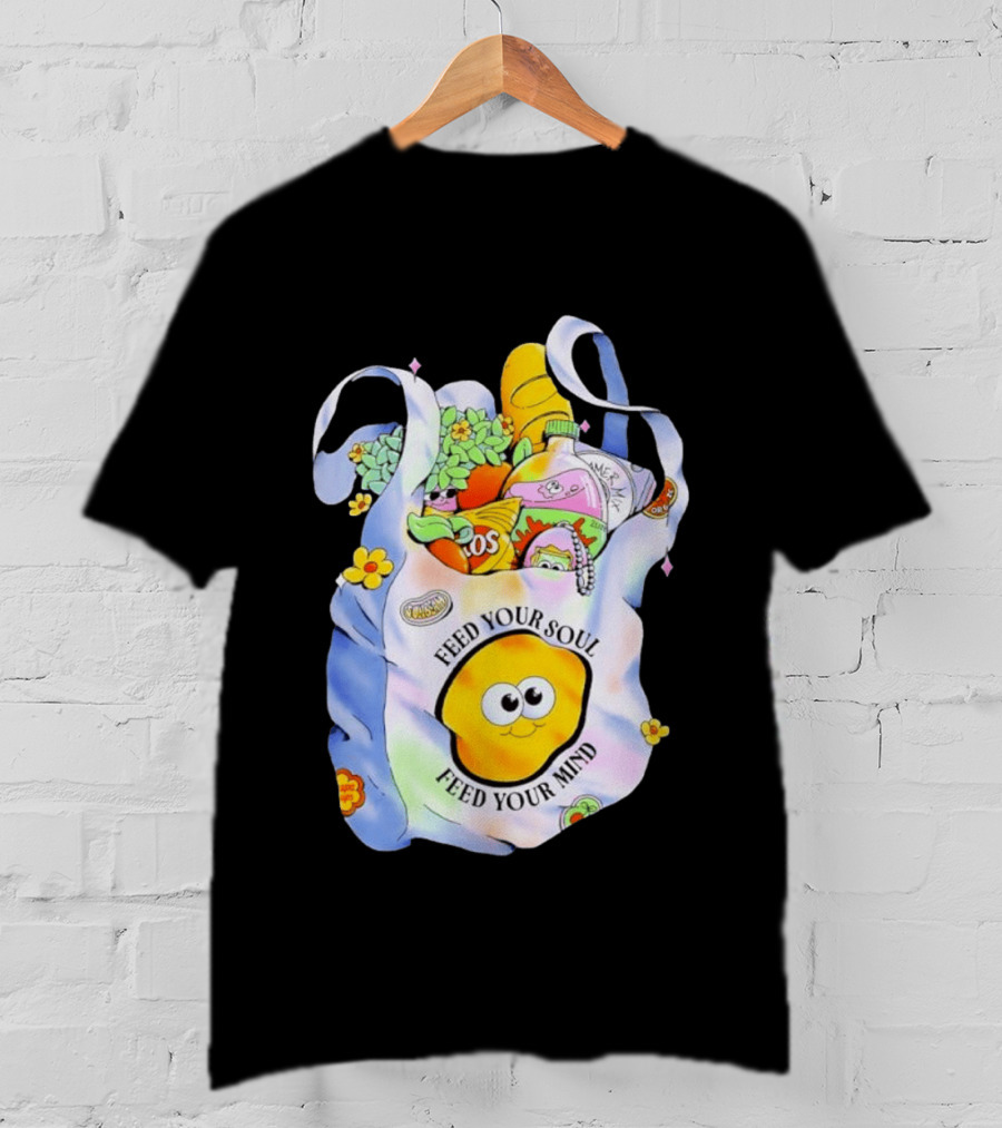 Feed Your Soul Feed Your Mind Bag With Groceries And Cartoon Face T-Shirt