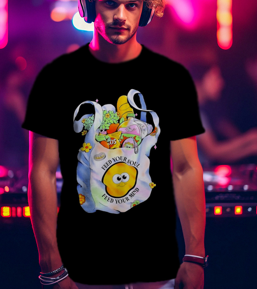 Feed Your Soul Feed Your Mind Bag With Groceries And Cartoon Face T-Shirt