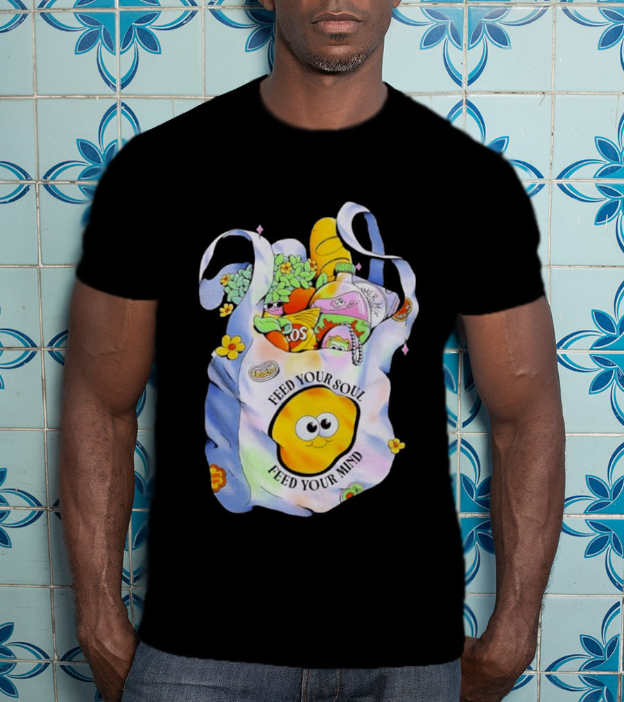 Feed Your Soul Feed Your Mind Bag With Groceries And Cartoon Face T-Shirt
