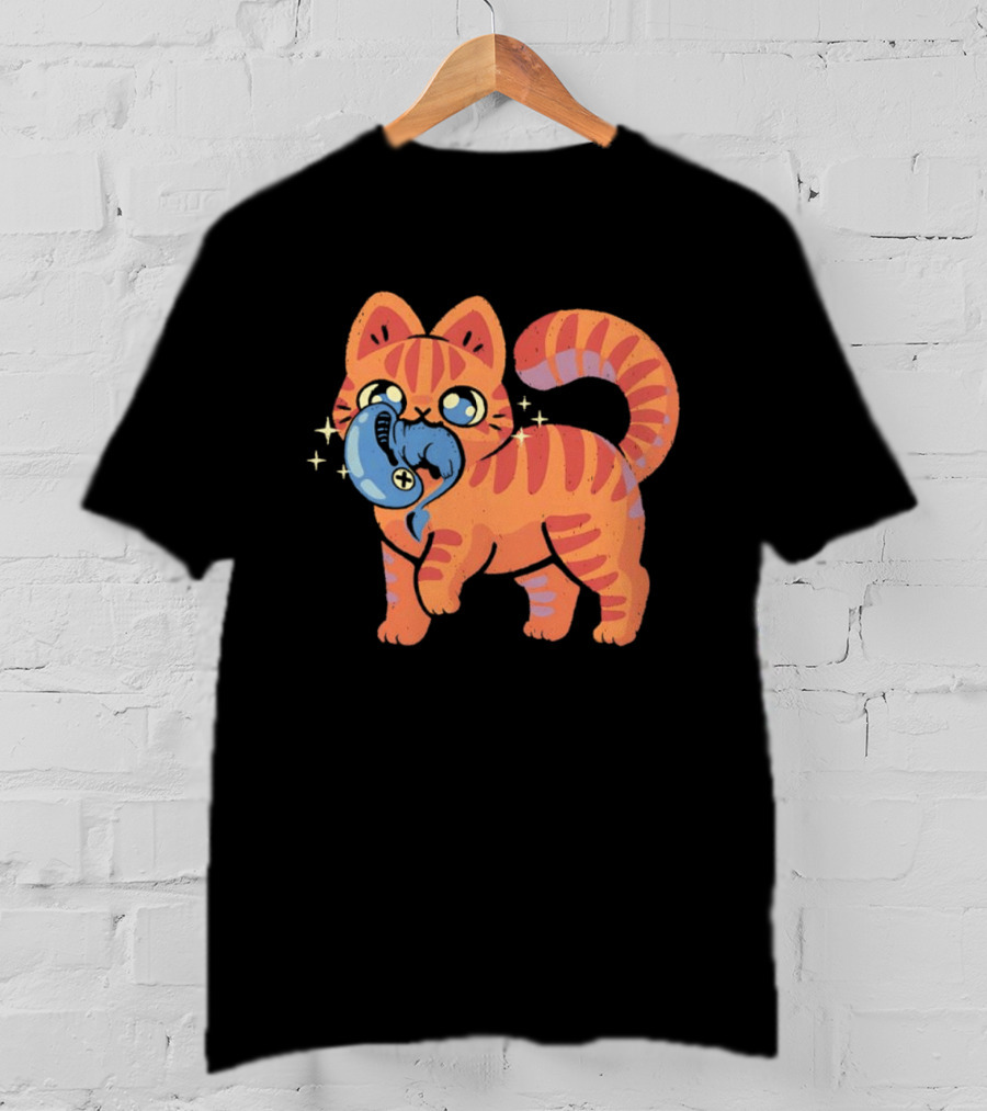 Orange Tabby Cat With Sparkles And Blue Alien Creature T-Shirt