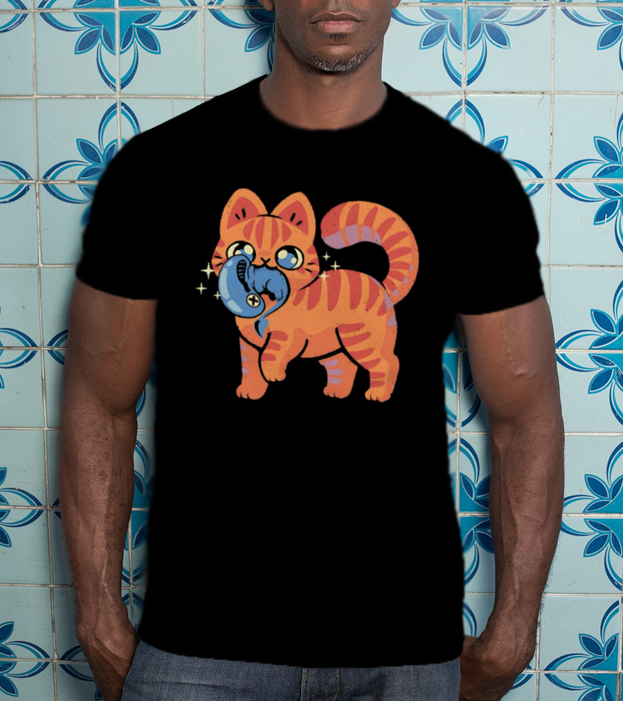 Orange Tabby Cat With Sparkles And Blue Alien Creature T-Shirt