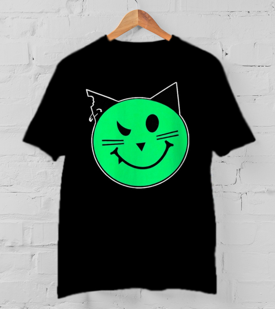 Taliesin Wearing MeowMeowz Smiling Cat Face With Green Circle Black Ears Whiskers T-Shirt