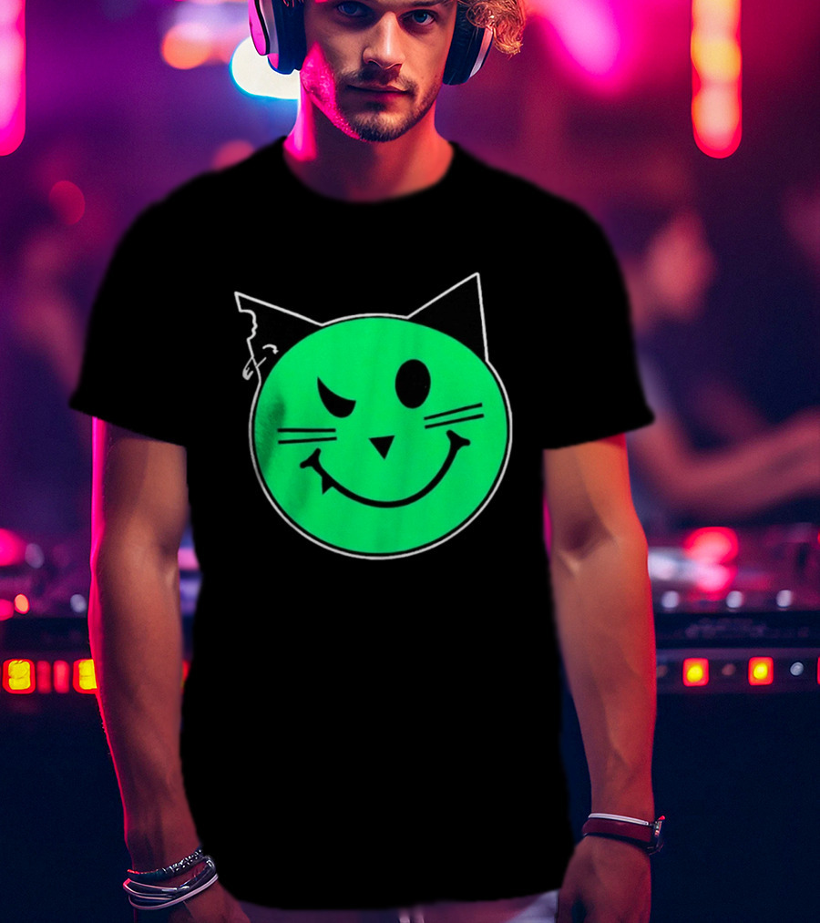 Taliesin Wearing MeowMeowz Smiling Cat Face With Green Circle Black Ears Whiskers T-Shirt