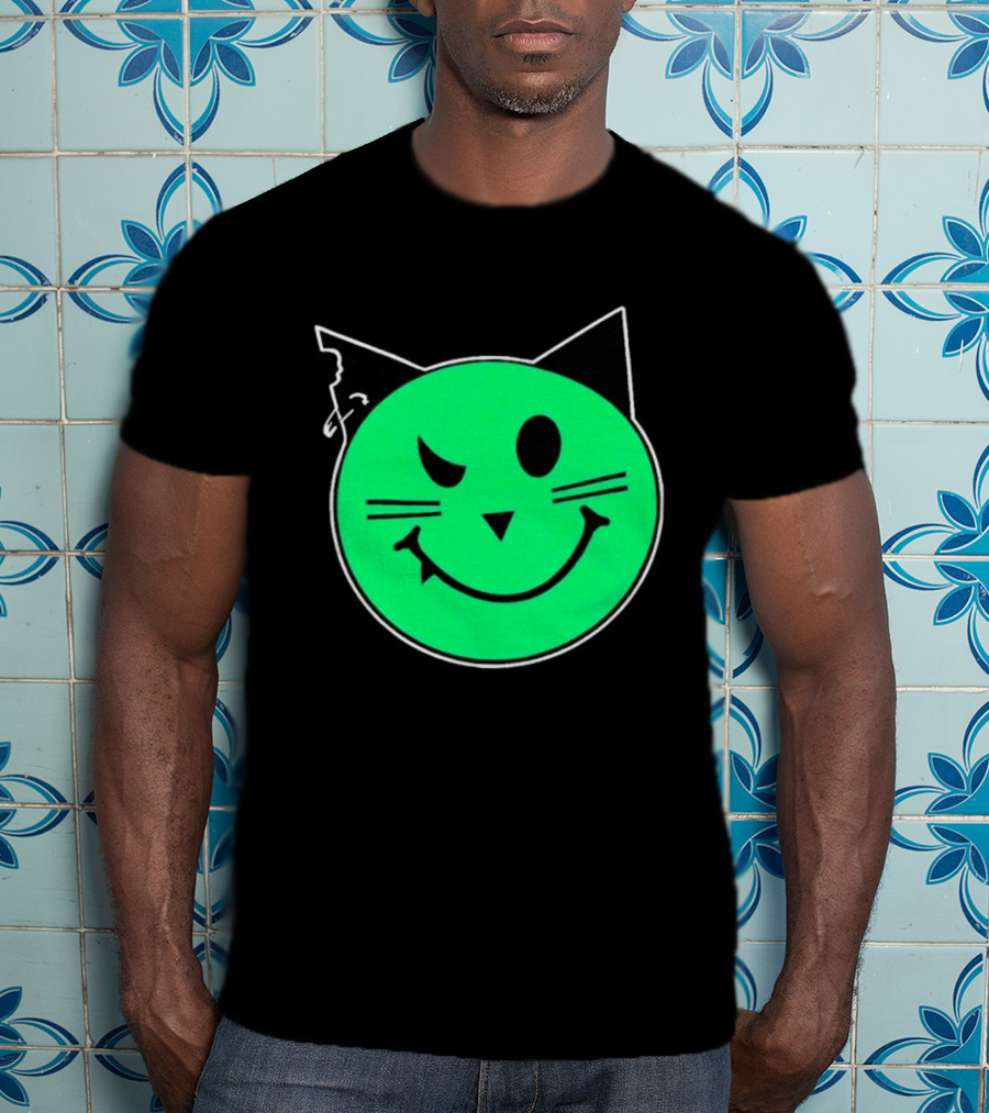 Taliesin Wearing MeowMeowz Smiling Cat Face With Green Circle Black Ears Whiskers T-Shirt