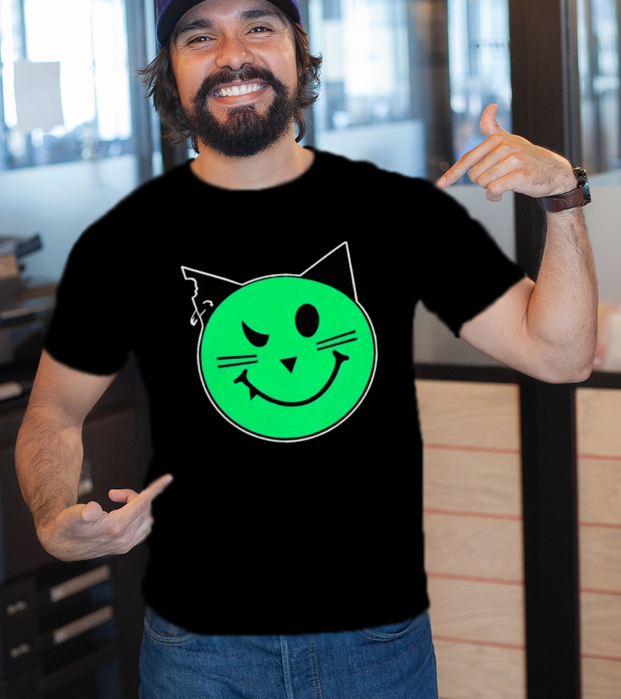 Taliesin Wearing MeowMeowz Smiling Cat Face With Green Circle Black Ears Whiskers T-Shirt