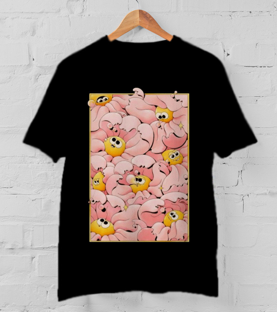 Many Yellow Round Characters With Large Eyes In Pink Flowing Cascades T-Shirt
