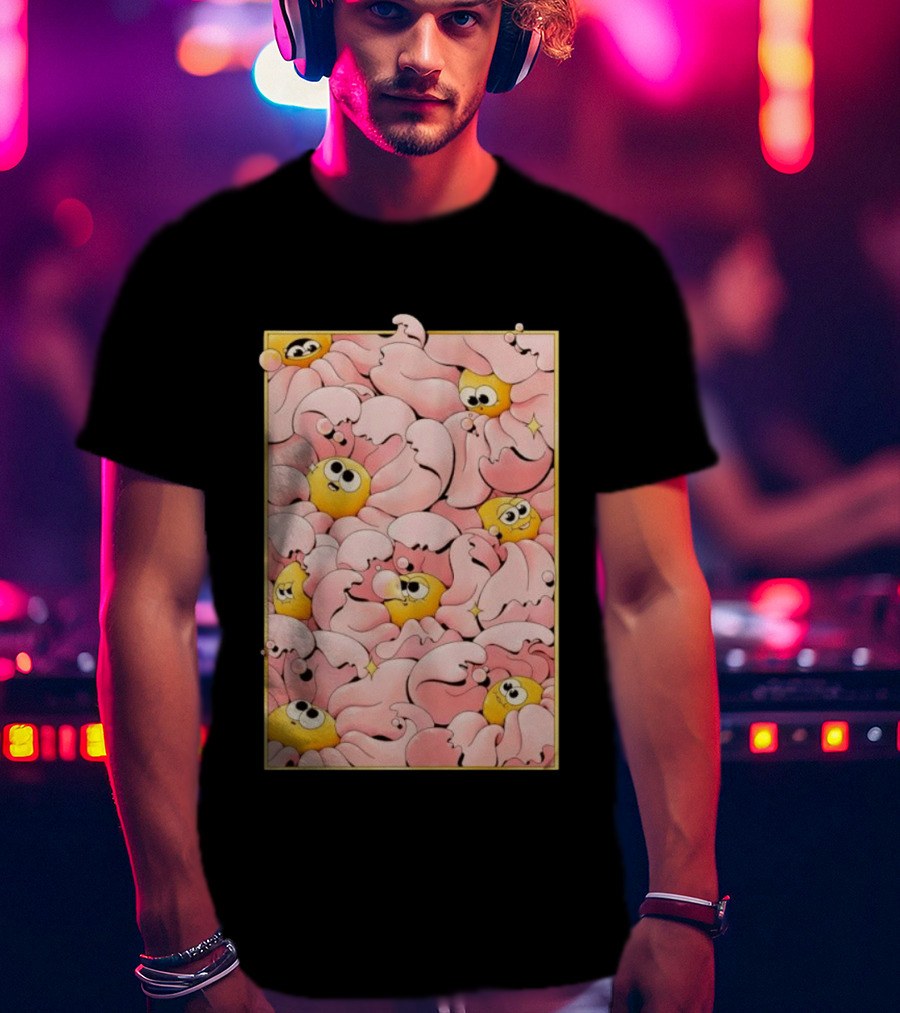 Many Yellow Round Characters With Large Eyes In Pink Flowing Cascades T-Shirt