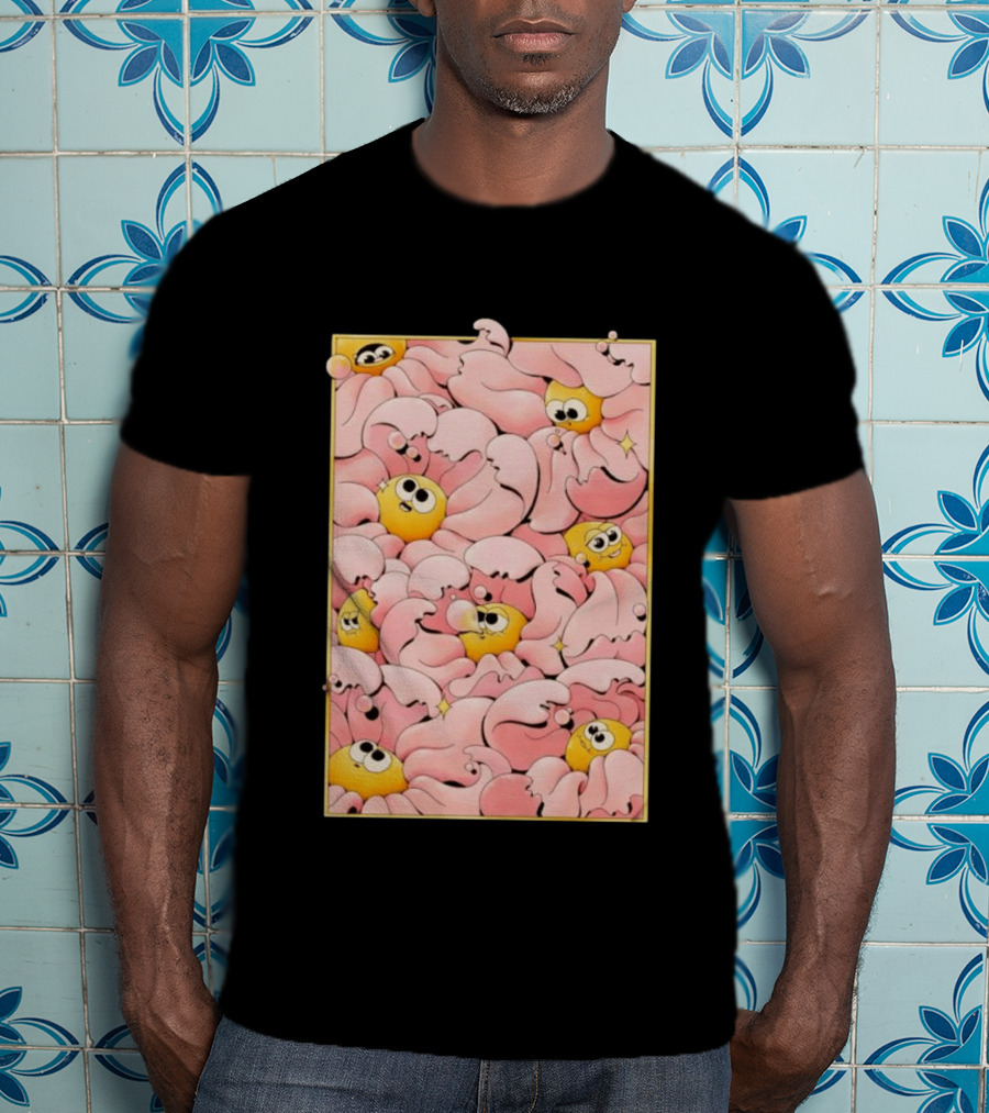 Many Yellow Round Characters With Large Eyes In Pink Flowing Cascades T-Shirt