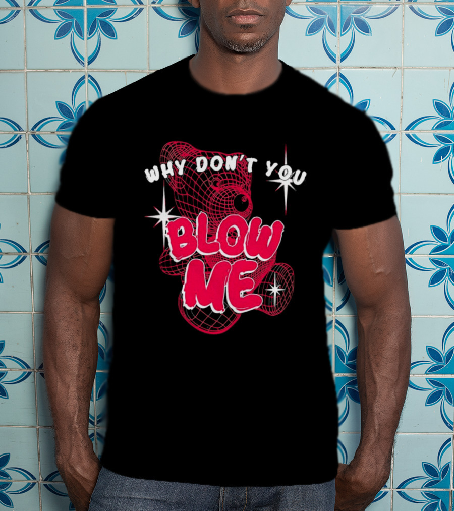 Why Don't You Blow Me Pink Wireframe Teddy Bear Bold Red Text Sparkling Star Accents T-Shirt