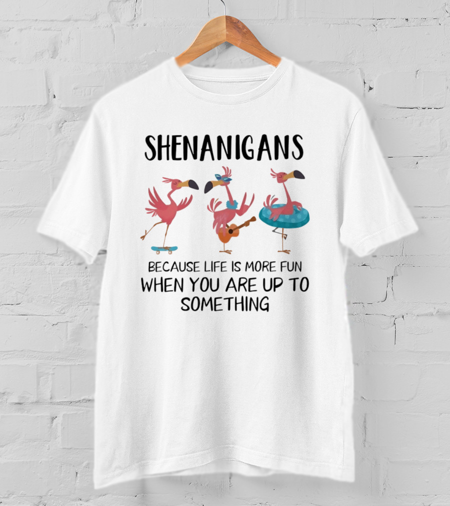 Shenanigans Flamingos Skateboarding Guitar Playing Pool Fun T-Shirt