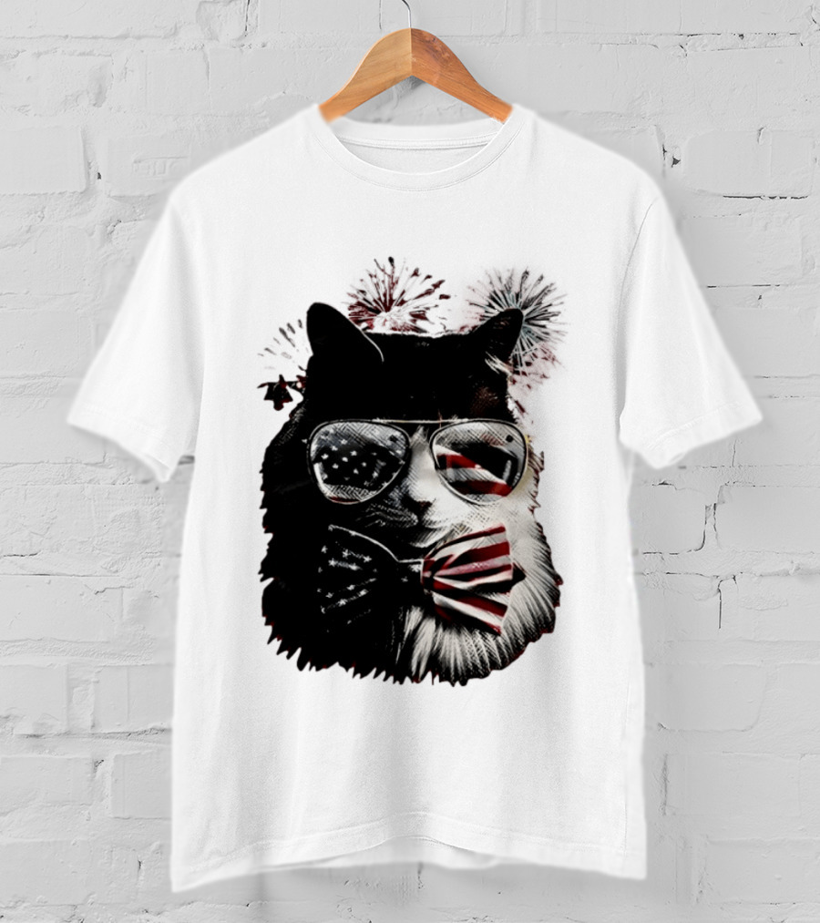 American Flag Cat Sunglasses And Bowtie Fireworks Independence Day T-Shirt