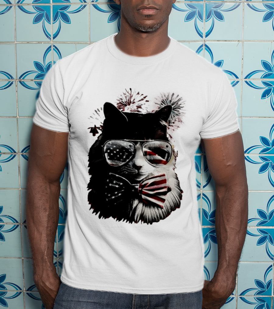 American Flag Cat Sunglasses And Bowtie Fireworks Independence Day T-Shirt