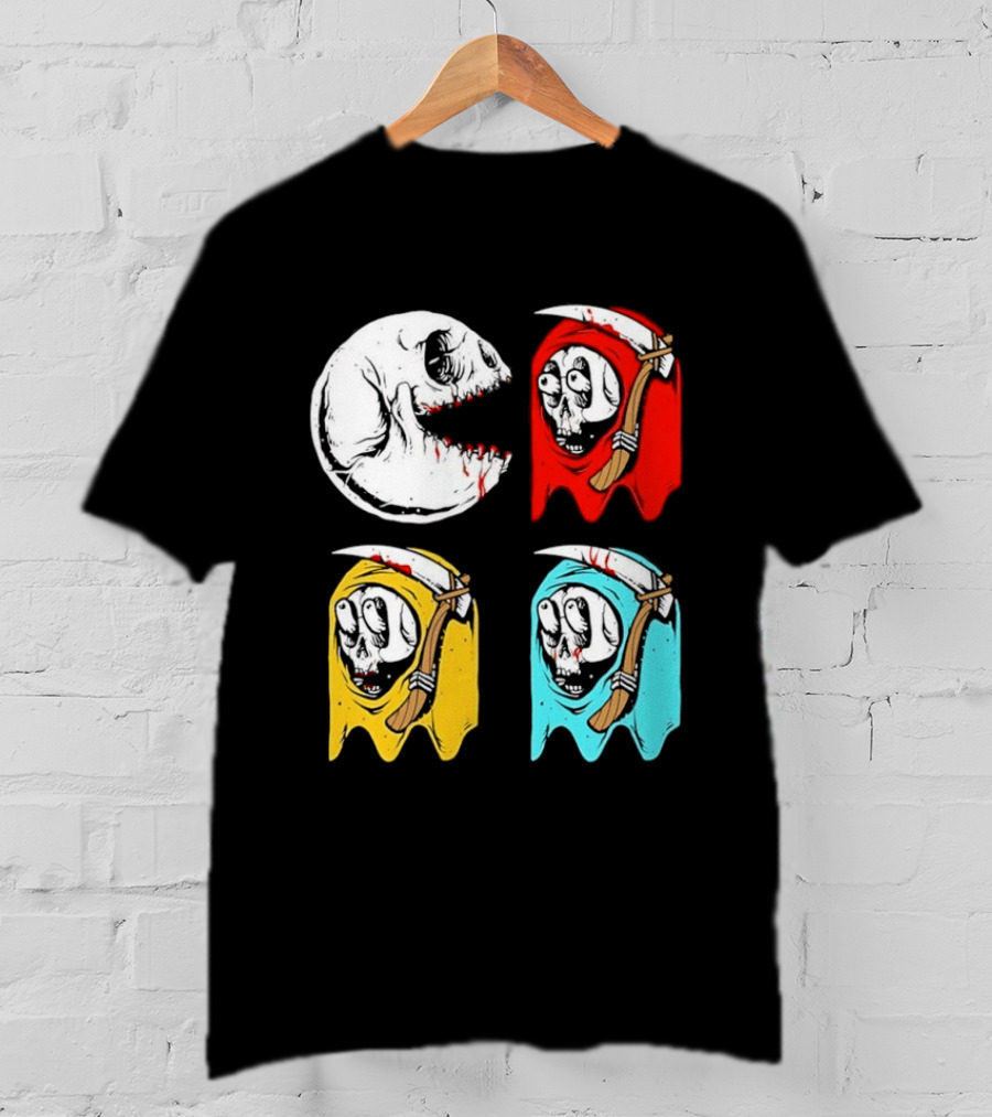 Pac Man Skeleton Skull Ghost Grim Reaper Red Yellow Blue T-Shirt
