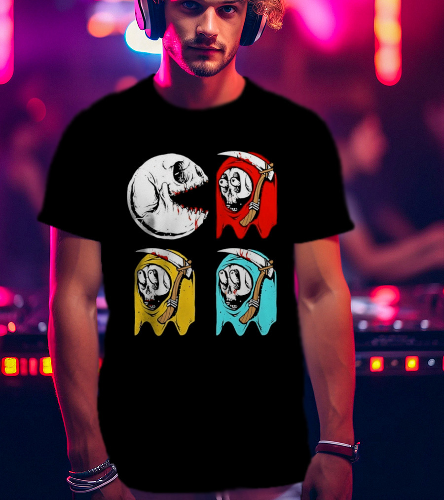 Pac Man Skeleton Skull Ghost Grim Reaper Red Yellow Blue T-Shirt