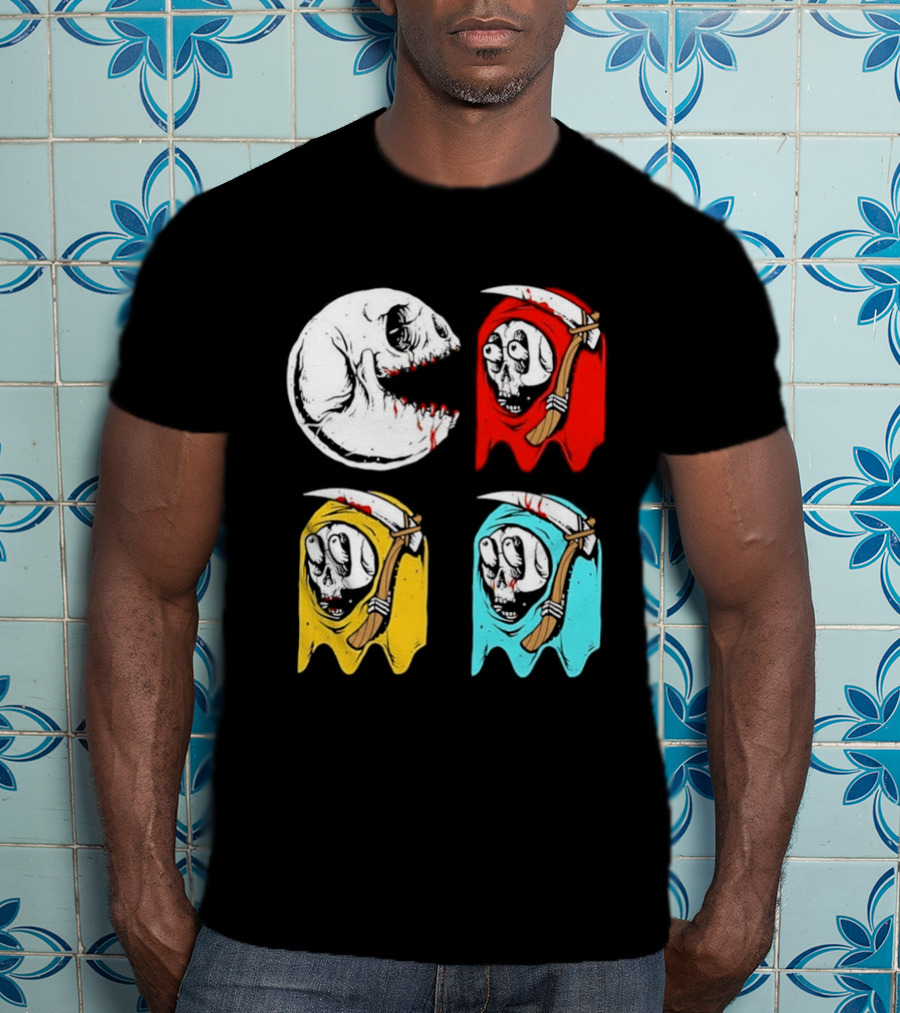 Pac Man Skeleton Skull Ghost Grim Reaper Red Yellow Blue T-Shirt