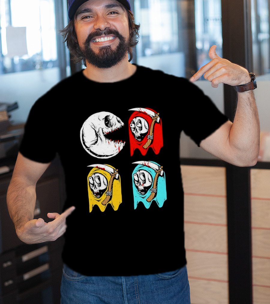 Pac Man Skeleton Skull Ghost Grim Reaper Red Yellow Blue T-Shirt