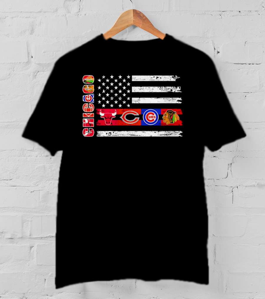 Chicago Bulls Bears Cubs Blackhawks American Flag T-Shirt