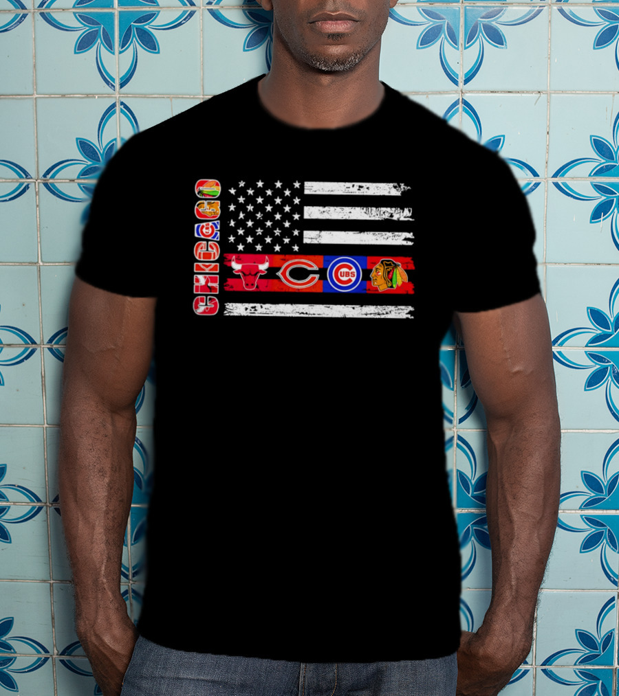 Chicago Bulls Bears Cubs Blackhawks American Flag T-Shirt