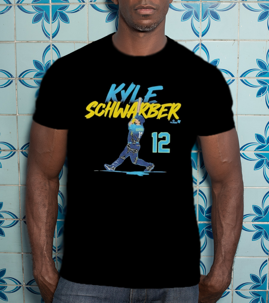 Kyle Schwarber Philly Slugger Swing 12 Blue Yellow Baseball Player Art Action T-Shirt