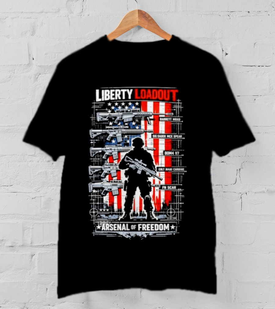 Liberty Loadout Arsenal Of Freedom USA Flag Soldier T-Shirt