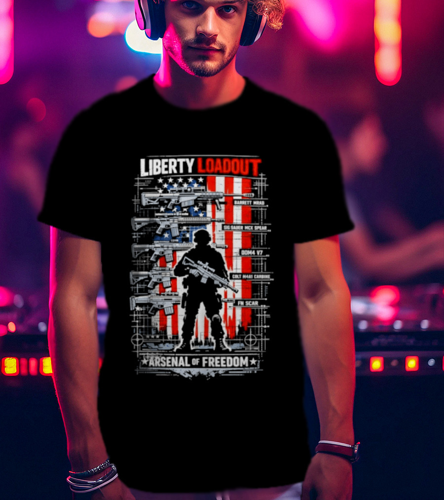 Liberty Loadout Arsenal Of Freedom USA Flag Soldier T-Shirt