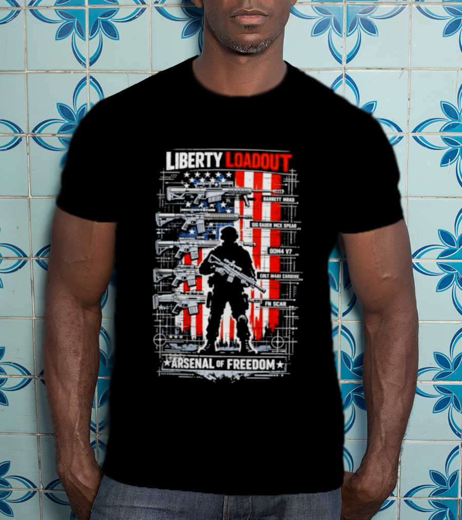 Liberty Loadout Arsenal Of Freedom USA Flag Soldier T-Shirt