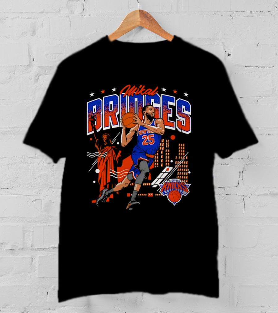 New York Knicks Mikal Bridges Basketball Player 25 Statue Of Liberty Skyline T-Shirt