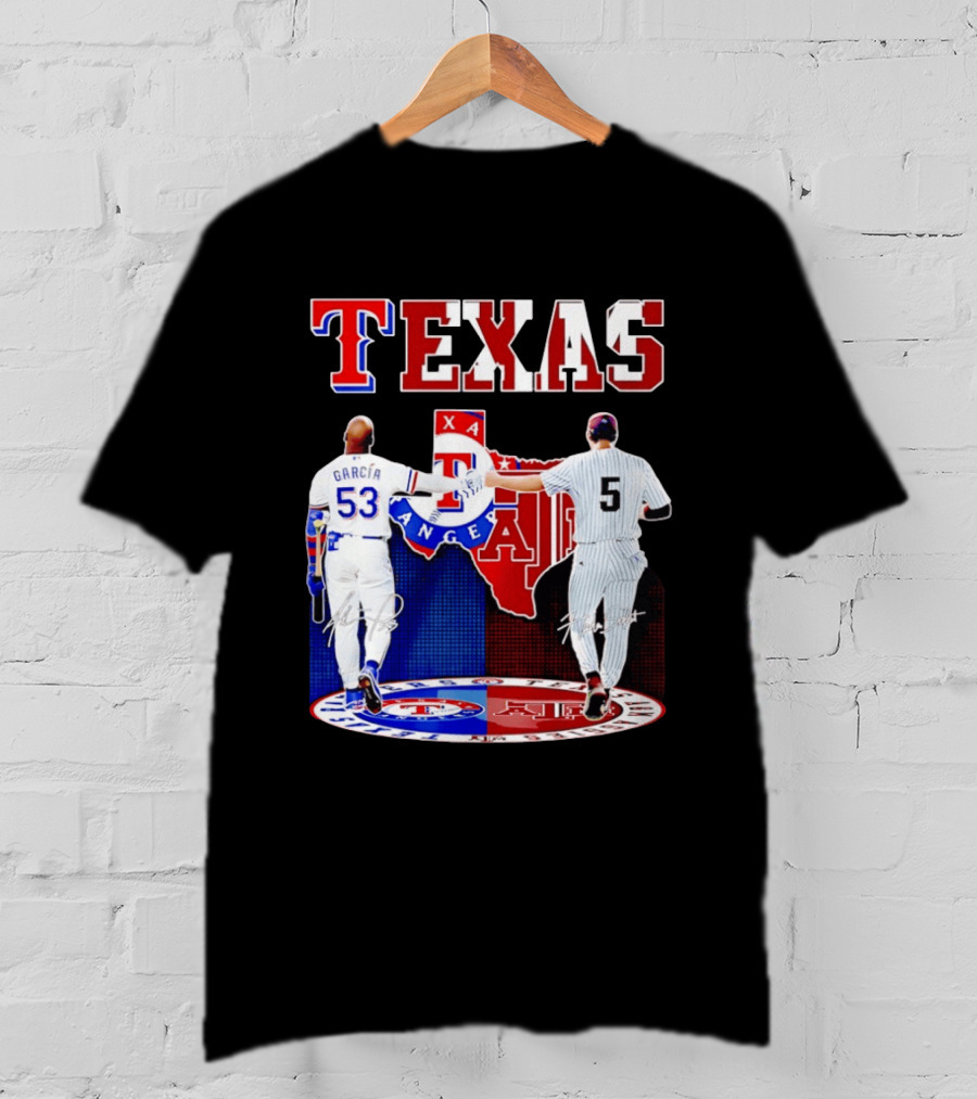 Texas Rangers Adolis Garcia And Texas A&M Aggies Hunter Schott Split Map T-Shirt
