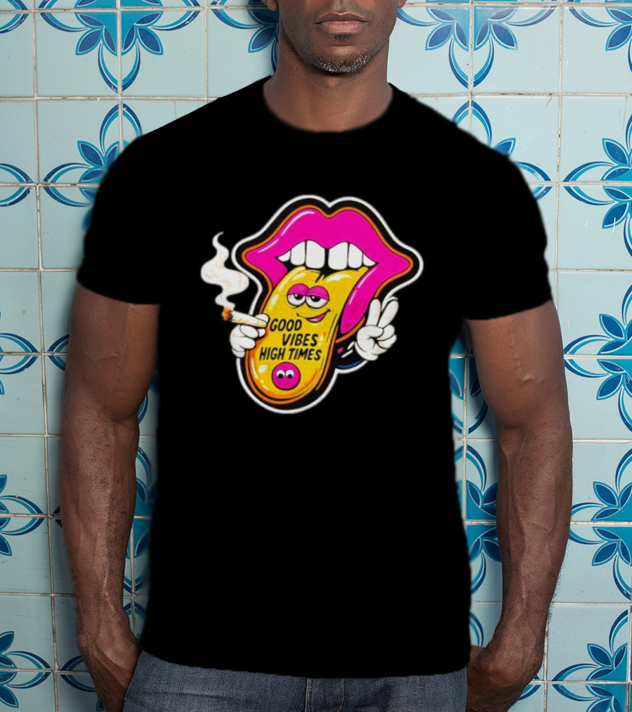 Good Vibes High Times Smoking Tongue And Peace Sign T-Shirt