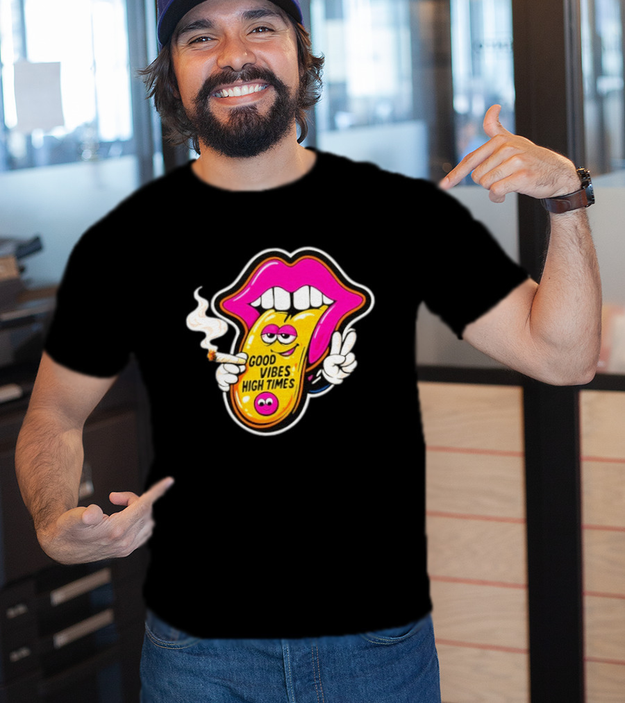 Good Vibes High Times Smoking Tongue And Peace Sign T-Shirt