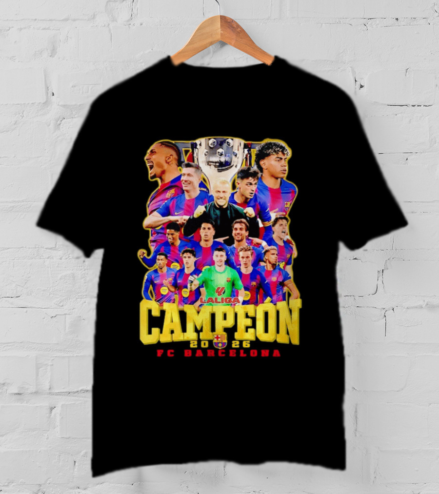 Hansi Flick Robert Lewandowski Lamine Yamal Pedri Raphinha FC Barcelona LaLiga Campeón 2026 T-Shirt