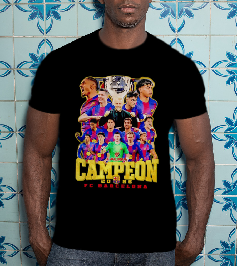 Hansi Flick Robert Lewandowski Lamine Yamal Pedri Raphinha FC Barcelona LaLiga Campeón 2026 T-Shirt
