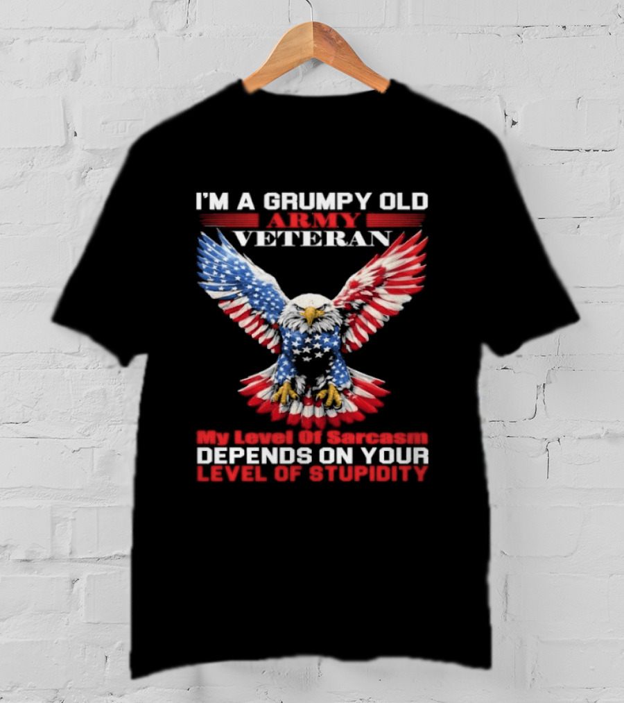 Grumpy Old Army Veteran Sarcasm Depends On Your Stupidity Patriotic Eagle T-Shirt