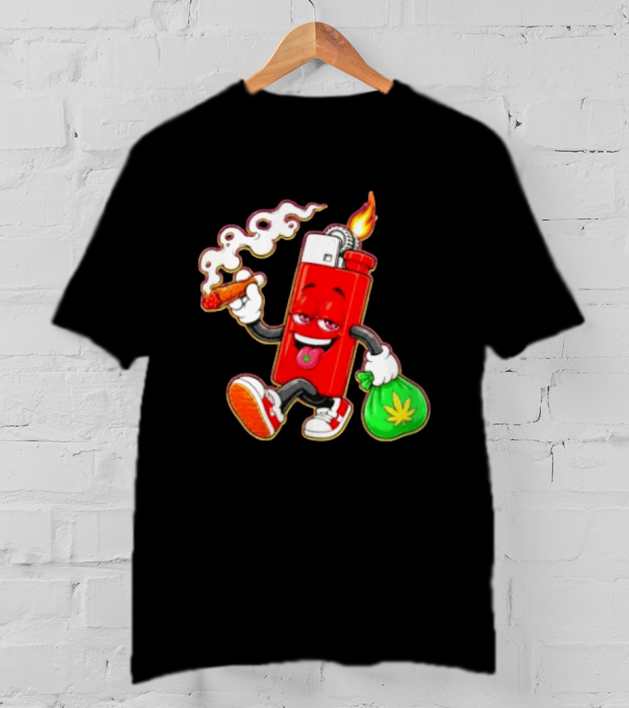 Flame Lighter And Smoking Joint With Cannabis Bag Cartoon T-Shirt