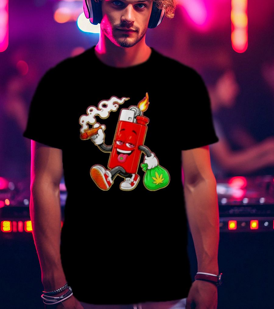 Flame Lighter And Smoking Joint With Cannabis Bag Cartoon T-Shirt