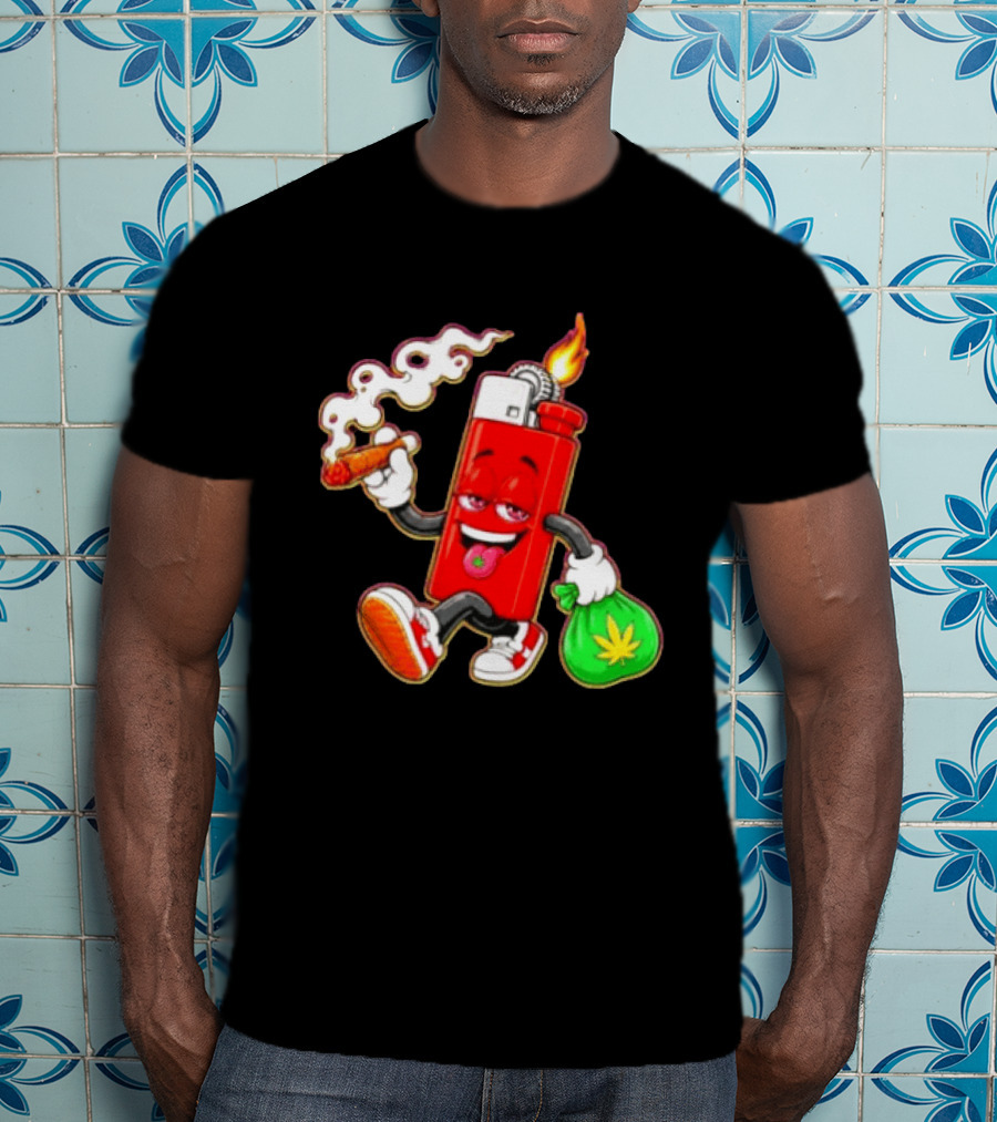 Flame Lighter And Smoking Joint With Cannabis Bag Cartoon T-Shirt
