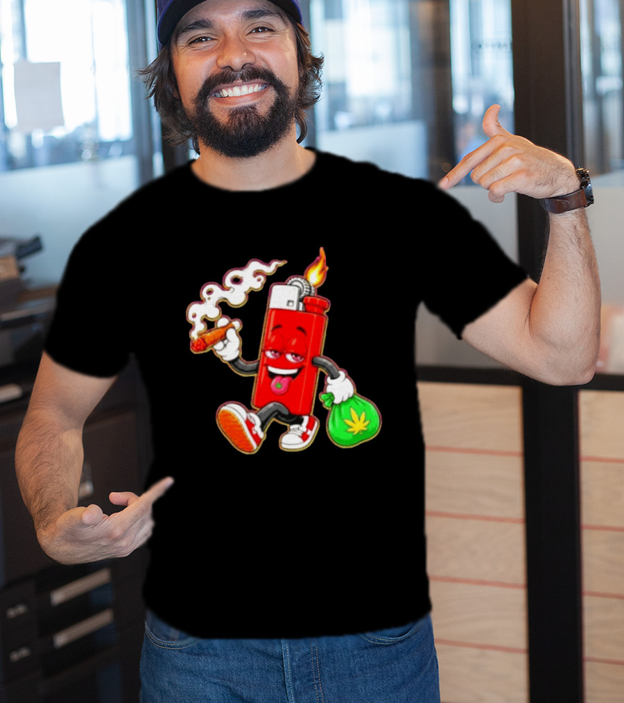 Flame Lighter And Smoking Joint With Cannabis Bag Cartoon T-Shirt