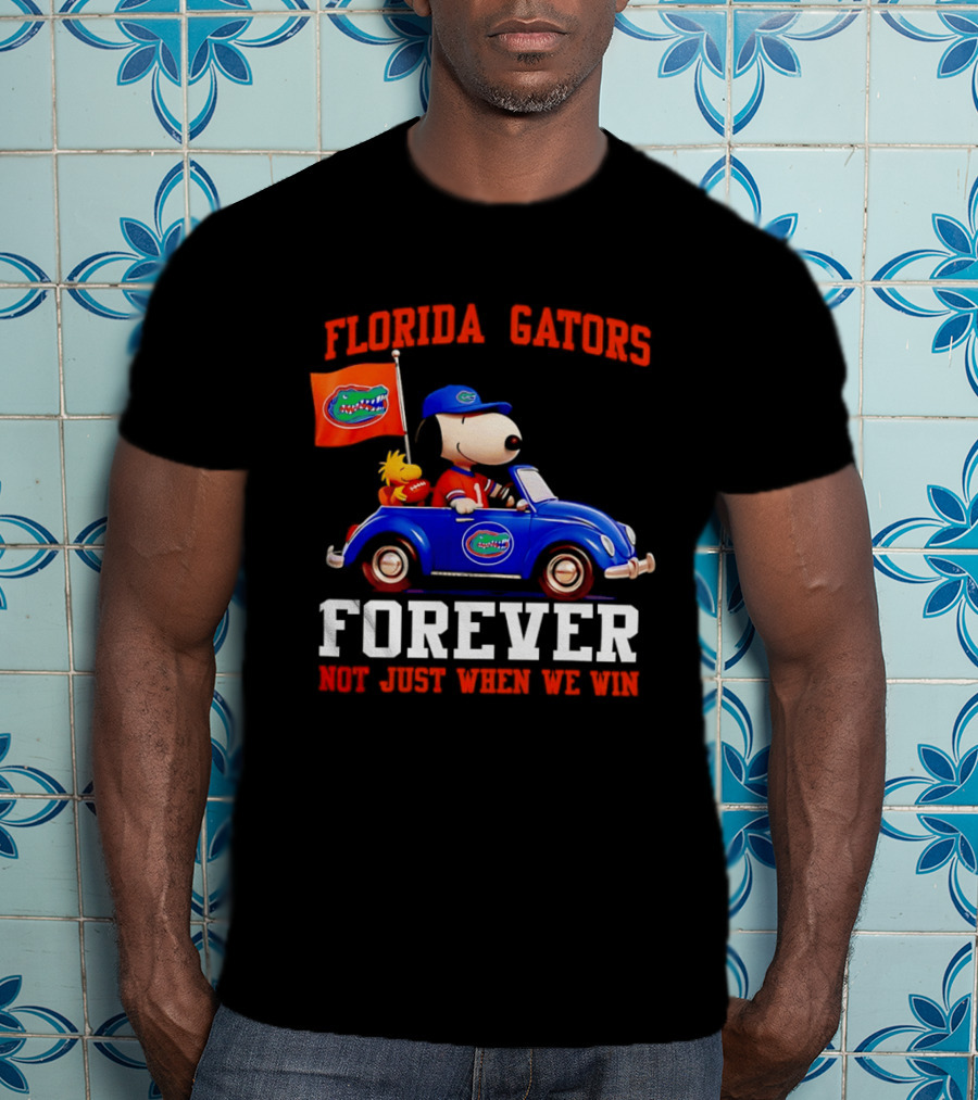 Peanuts Snoopy Woodstock In Blue Car Florida Gators Forever Not Just When We Win T-Shirt