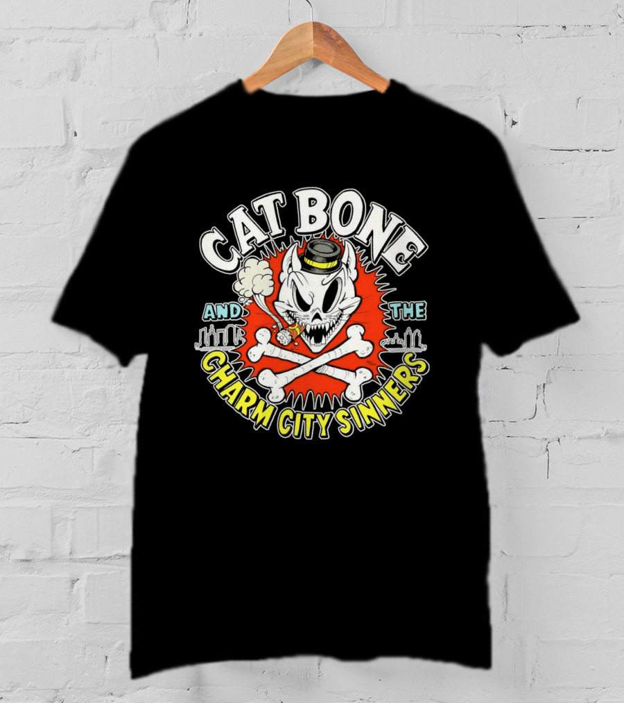 Cat Bone And The Charm City Sinners Smoking Skull And Crossbones Top Hat T-Shirt