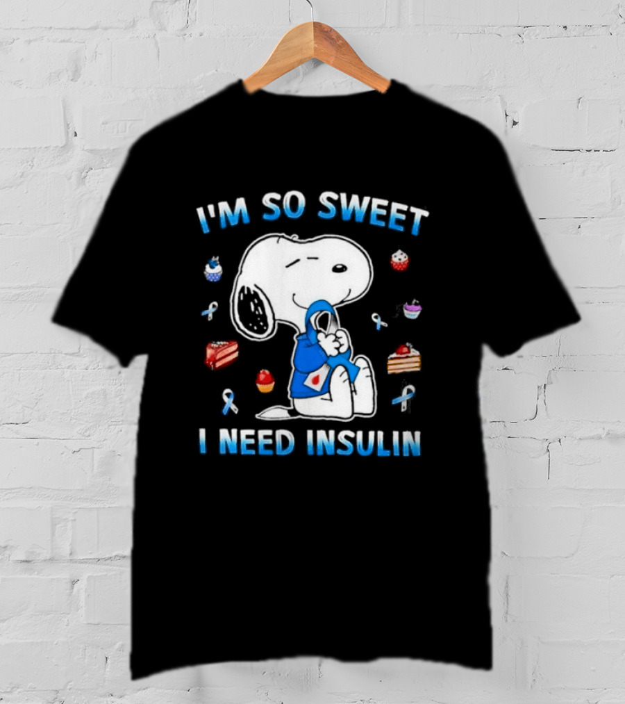 I'm So Sweet I Need Insulin Snoopy Peanuts Diabetes Awareness Blue Ribbon Cupcakes 2026 T-Shirt
