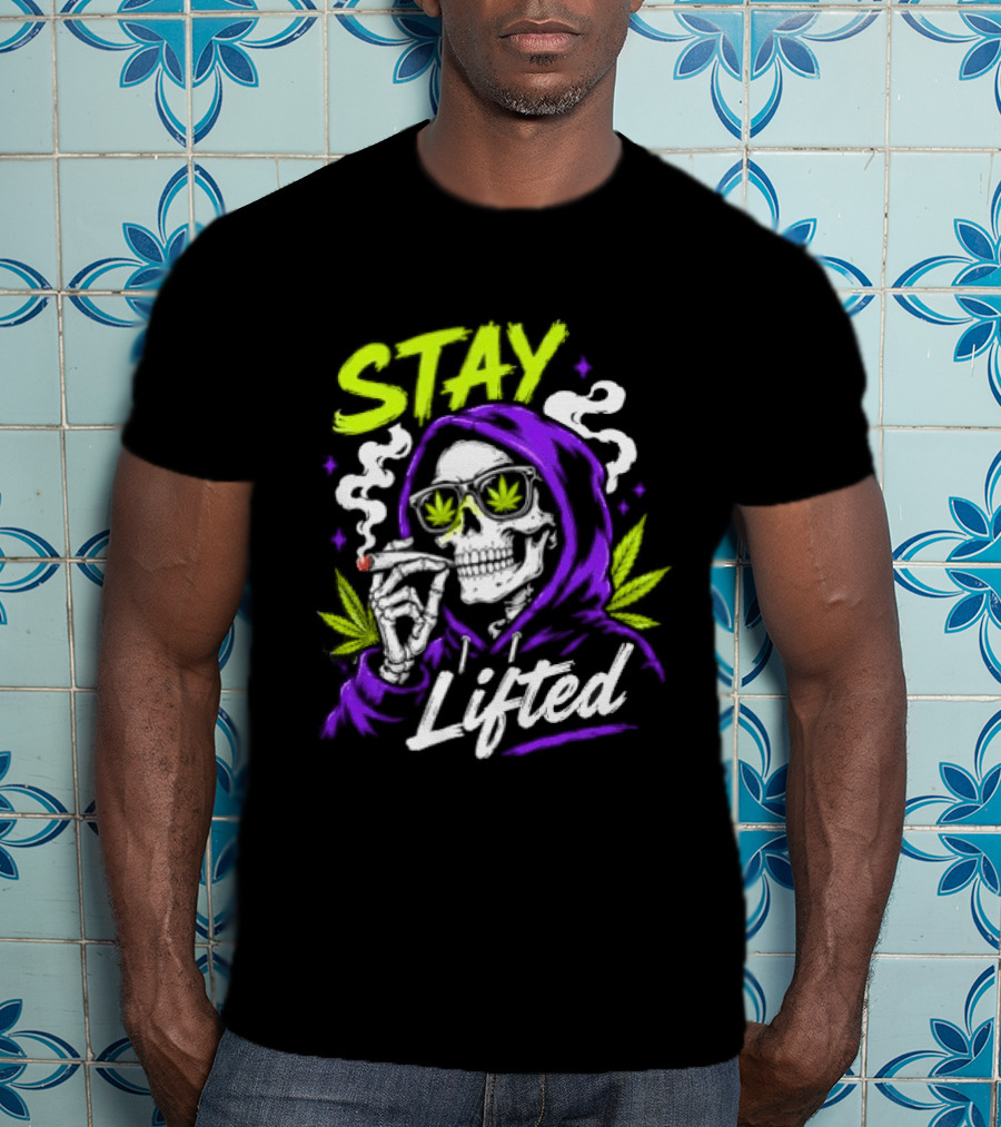 Stay Lifted Skeleton Smoking Weed Vapor Clouds Psychedelic T-Shirt