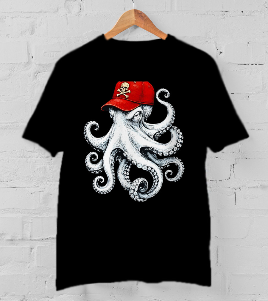 Octopus In Red Cap With Skull And Crossbones T-Shirt