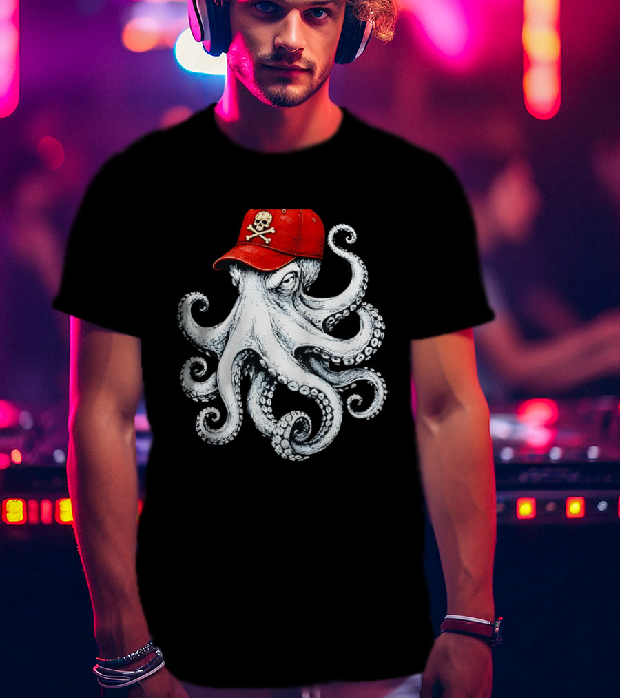 Octopus In Red Cap With Skull And Crossbones T-Shirt