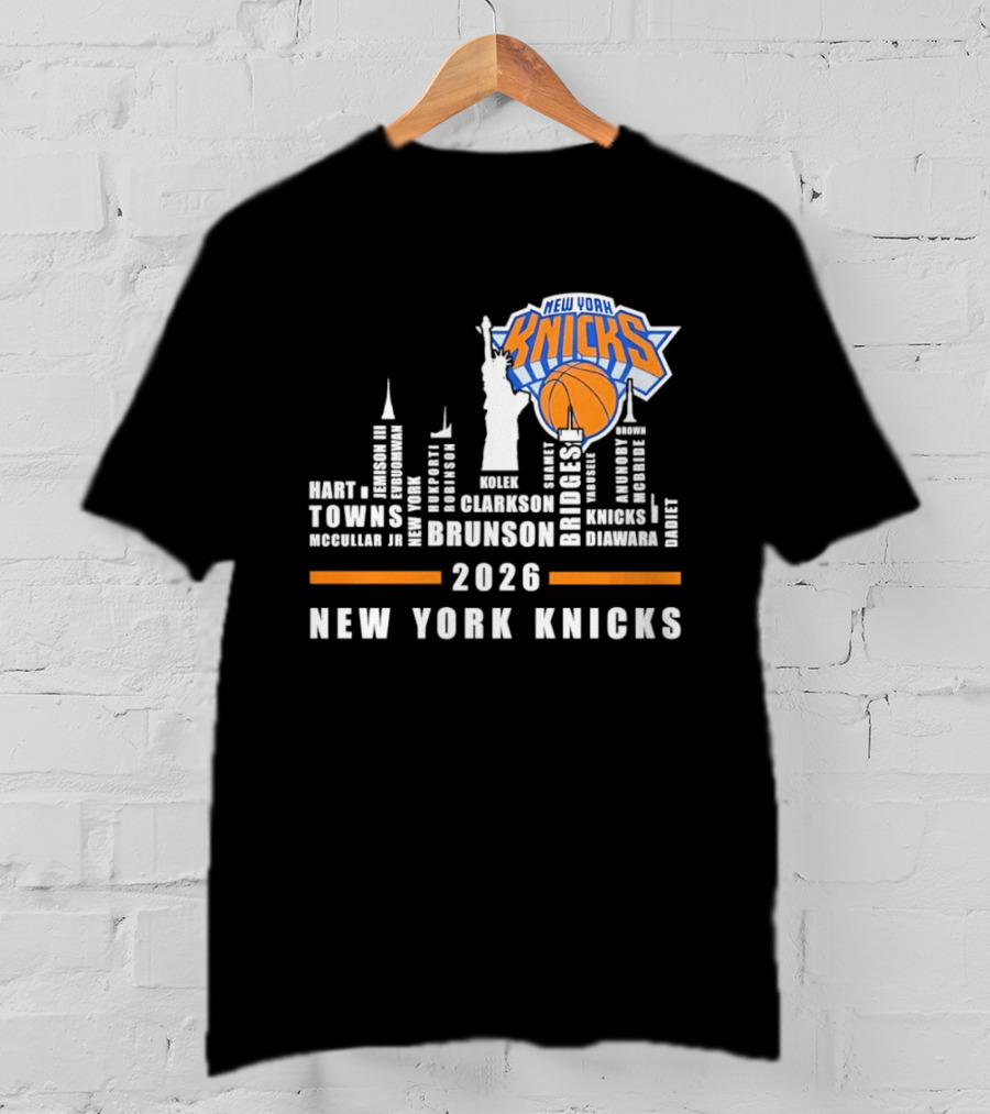 New York Knicks 2026 Jalen Brunson Mikal Bridges NBA Manhattan Skyline T-Shirt