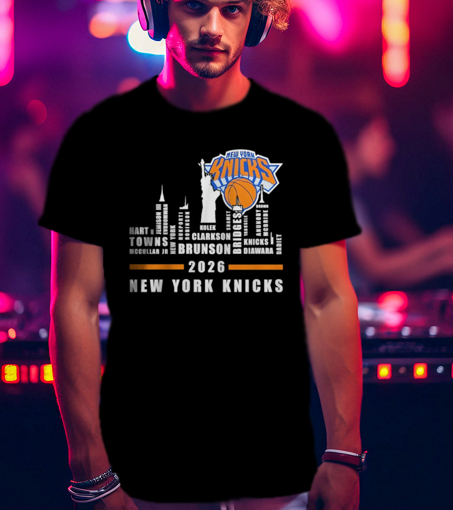 New York Knicks 2026 Jalen Brunson Mikal Bridges NBA Manhattan Skyline T-Shirt