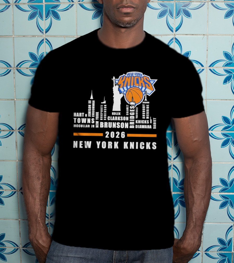 New York Knicks 2026 Jalen Brunson Mikal Bridges NBA Manhattan Skyline T-Shirt