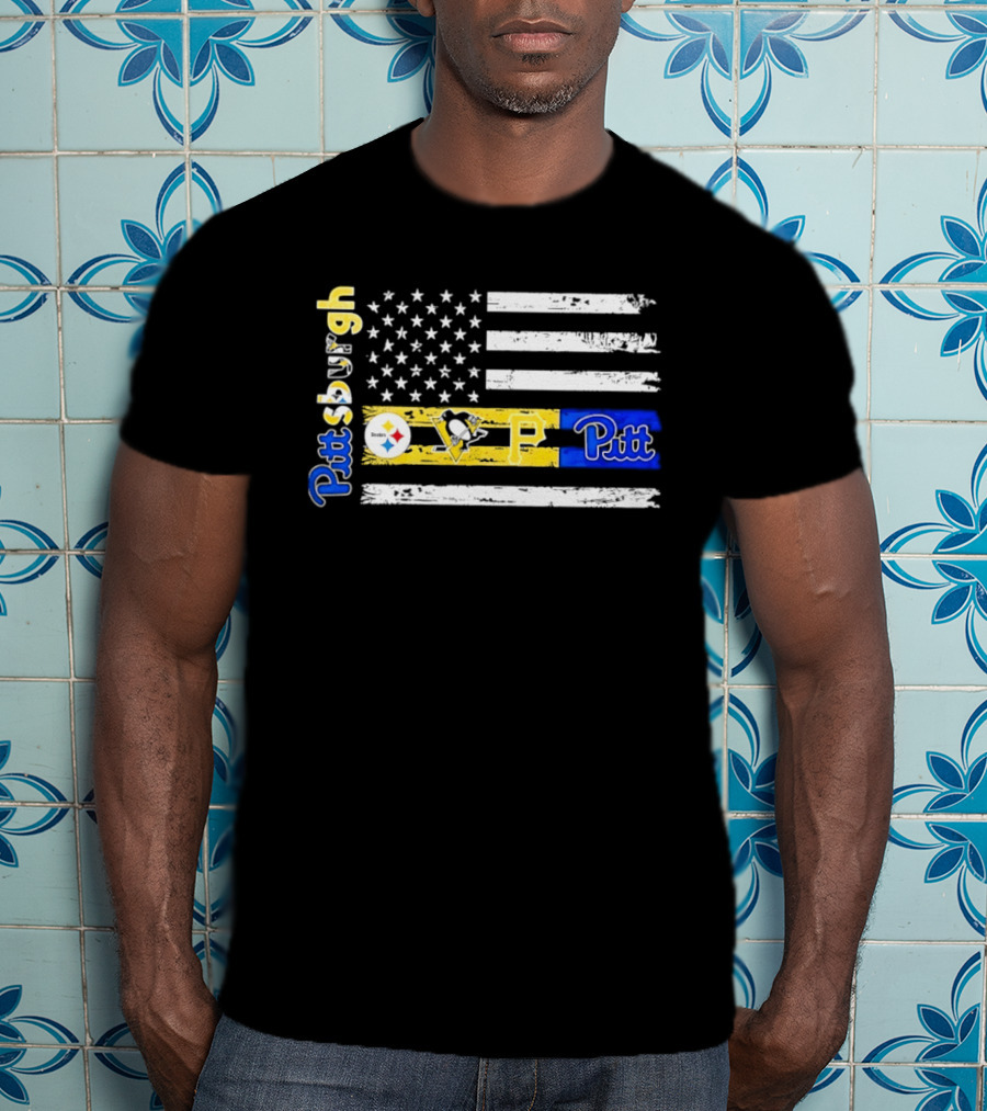 Pittsburgh Steelers Penguins Pirates Pitt American Flag T-Shirt