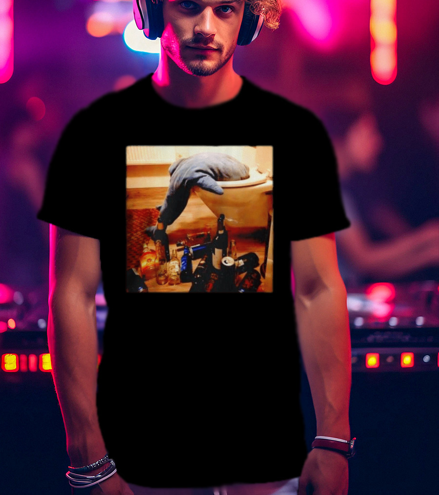 Shark Over Toilet With Alcohol Bottles Party Aftermath T-Shirt
