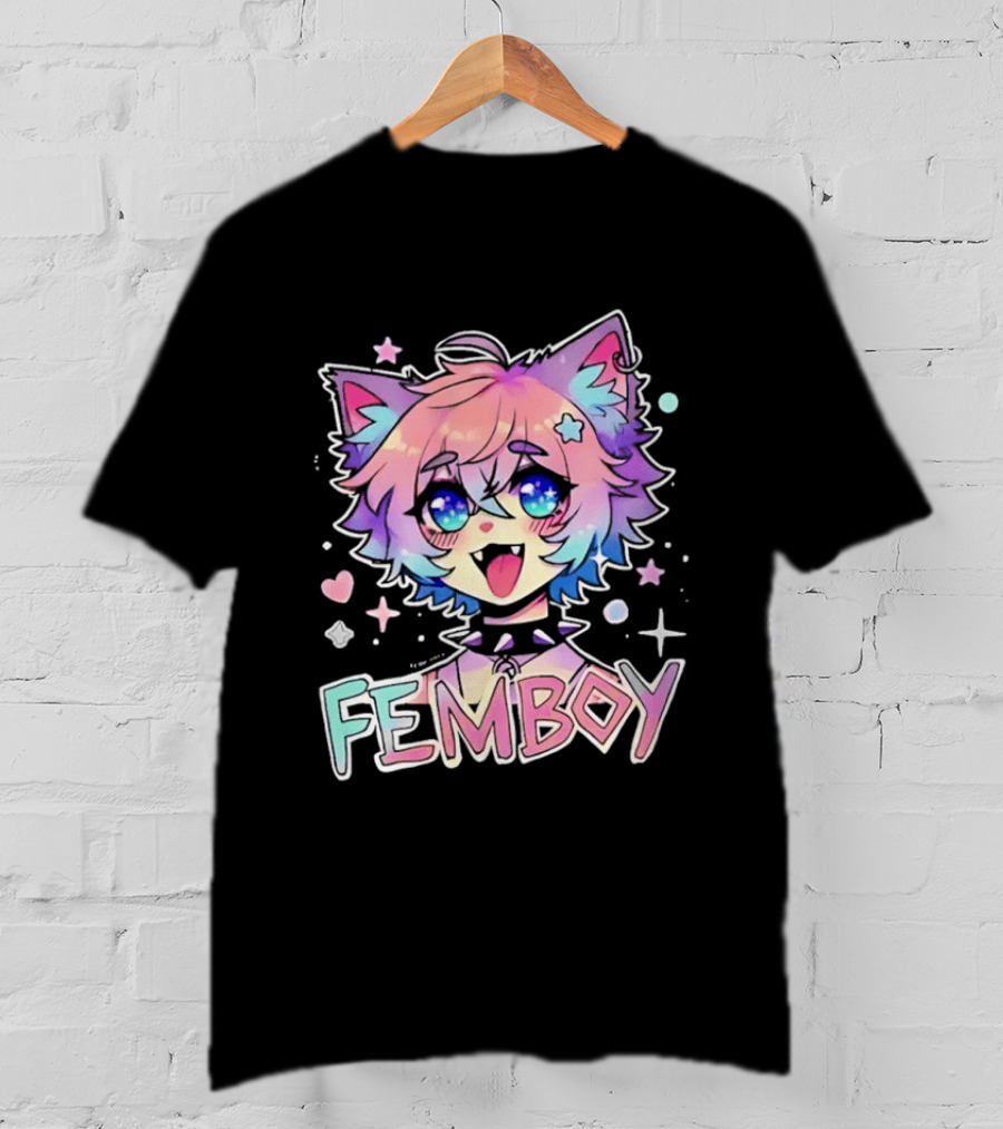 Femboy Catboy Nekomimi Anime Kawaii Pastel Sparkling Spiked Collar T-Shirt