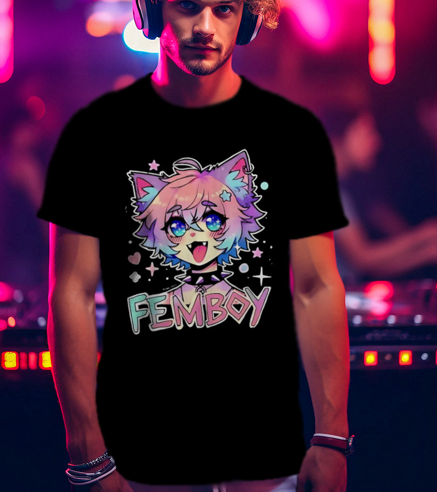 Femboy Catboy Nekomimi Anime Kawaii Pastel Sparkling Spiked Collar T-Shirt